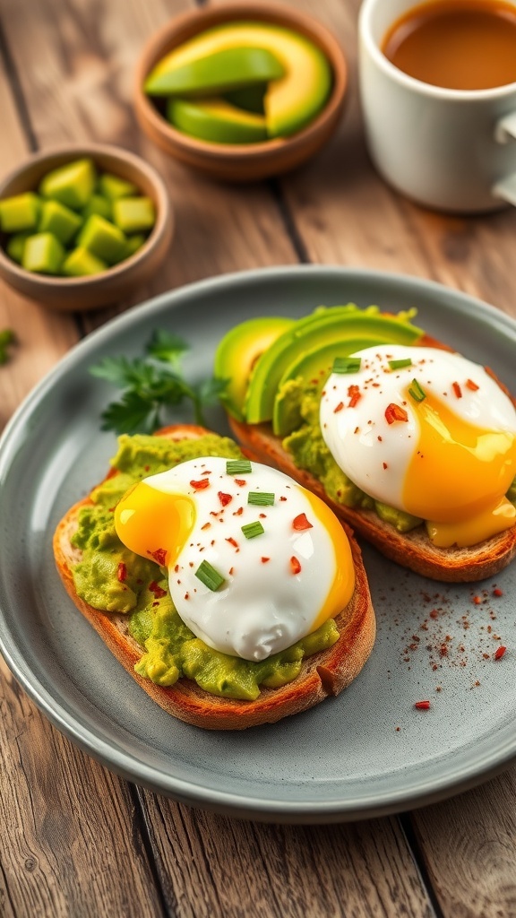 Avocado Toast with Poached Eggs Recipe Avocado toast with poached eggs, garnished with chili flakes and herbs on a rustic table.
